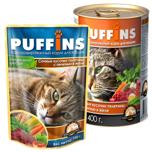 PUFFINS - консервированный корм - Сочные кусочки телятины с печенью в желе