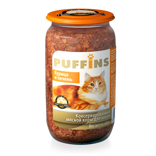 PUFFINS консервы для кошек курица и печень